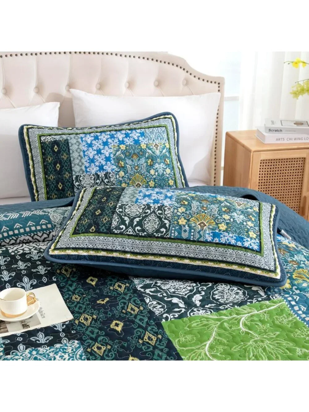 Boho Teal Patchwork Quilt Set, Reversible Lightweight Coverlet & 2 Pillow Shams